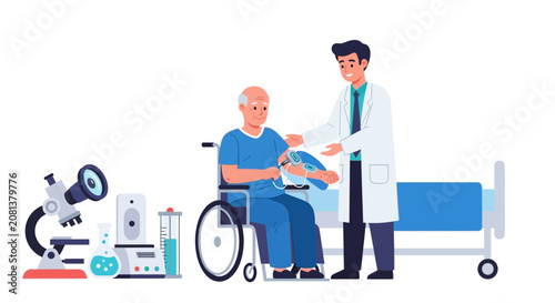 Doctor checks patient's blood pressure in wheelchair, medical equipment and hospital bed