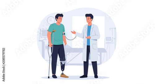 Doctor Consults Patient with Prosthetic Leg and Crutches in Clinic