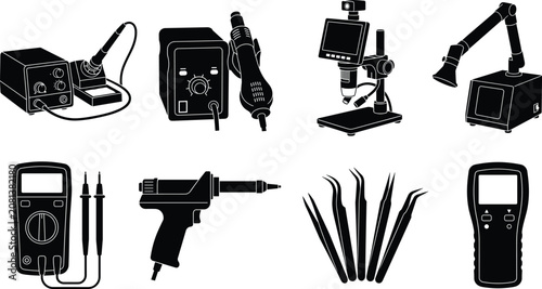 Tableau sur toile lectronics repair and soldering tools black silhouette icon set featuring multim