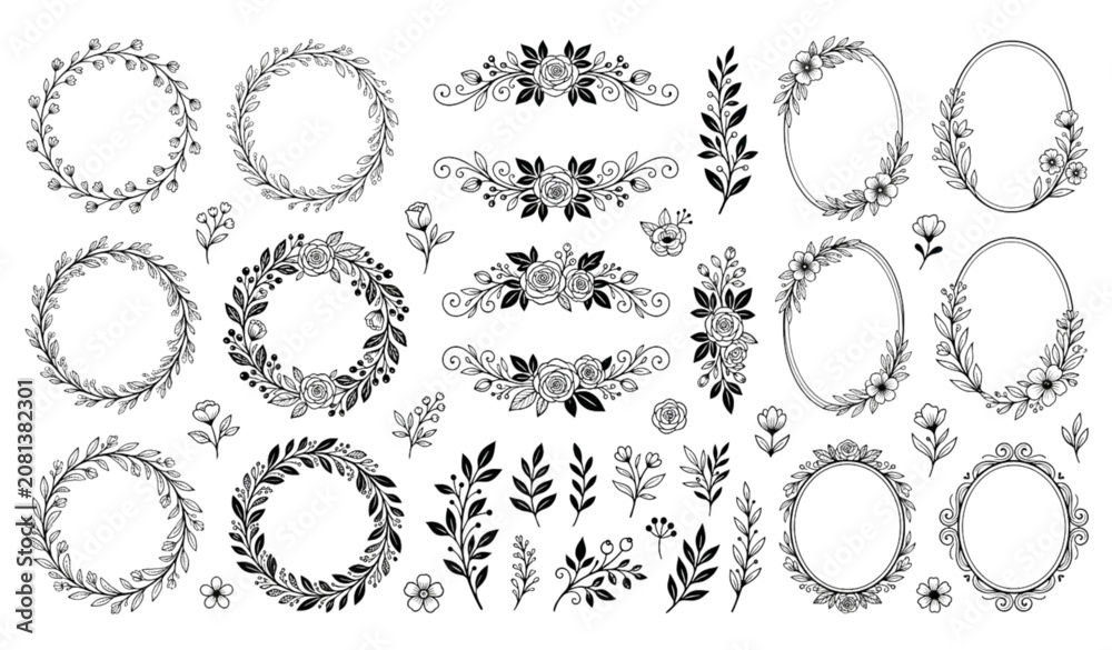 Fototapeta premium Delicate Floral Logo Frames Vector Collection with Botanical Borders, Wreaths and Hand Drawn Flowers