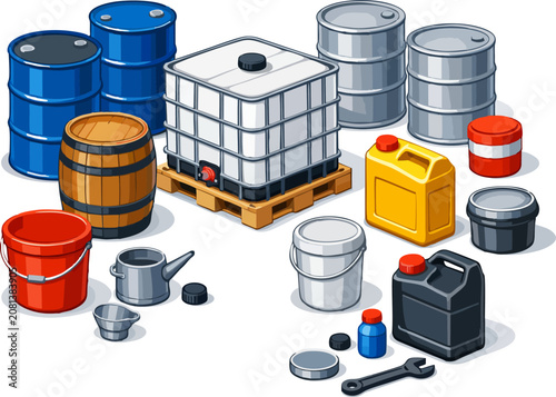 Set of Isometric Industrial Storage Containers, Oil Drums, Fuel Cans, and Plastic Chemical Barrels