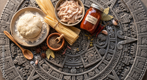 Tamale ingredients on ancient Mayan calendar stone wall, 