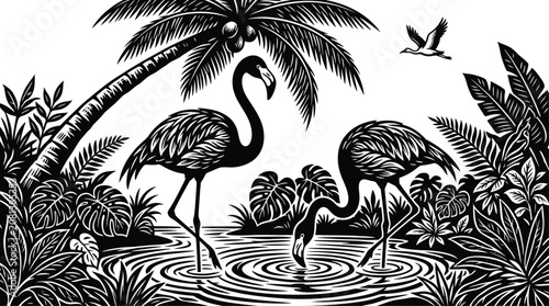 Konstfotografi A black and white vector illustration of two flamingos standing in shallow water surrounded by tropical plants and a palm tree with a flying bird in the air nearby