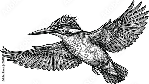 Photos A detailed vector illustration of a kingfisher in mid-flight, showcasing its distinctive feathers and sharp beak in a dynamic pose with wings spread wide