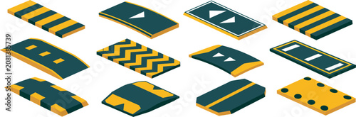 Fotografie Speed bumps and traffic calming devices, vector illustration set for road safety, street infrastructure, urban planning and transportation design projects