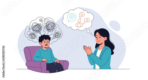 Professional female psychologist listens to a sad boy sitting in an armchair while their thought bubbles show different mental states.