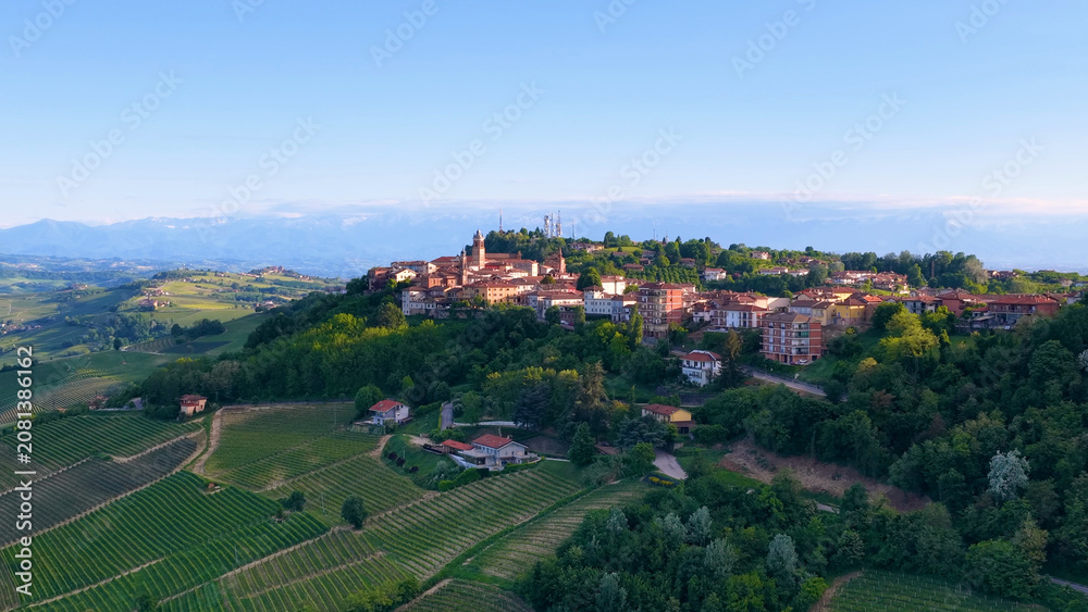 Fototapeta premium Aerial View of Hilltop Village and Vineyards in Piedmont Italy