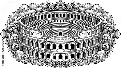Foto Vintage Colosseum Illustration with Ornate Scrollwork and Clouds, Black and Whit
