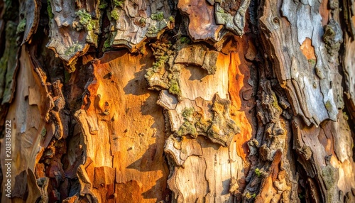 Rough texture of pine tree bark with warm orange layers and natural details