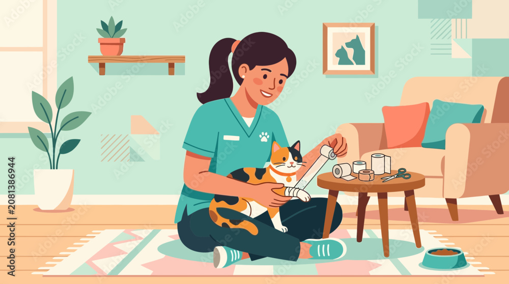 Fototapeta premium Veterinarian cares for cat, examining paw with medical supplies nearby