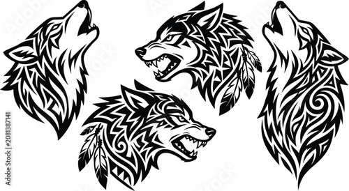 Photos Four tribal wolf heads with feathers and sharp teeth in a black and white vector illustration design, showcasing fierce animal graphics and tribal art style