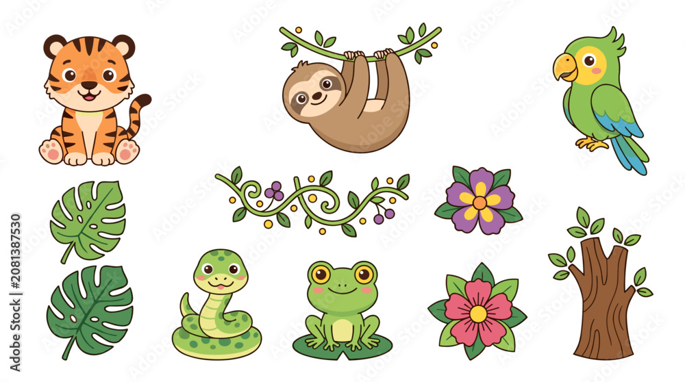 Fototapeta premium Collection of cute vector art jungle animals and plants, including a tiger, sloth, parrot, snake, and frog, with floral elements and a tree, ideal for