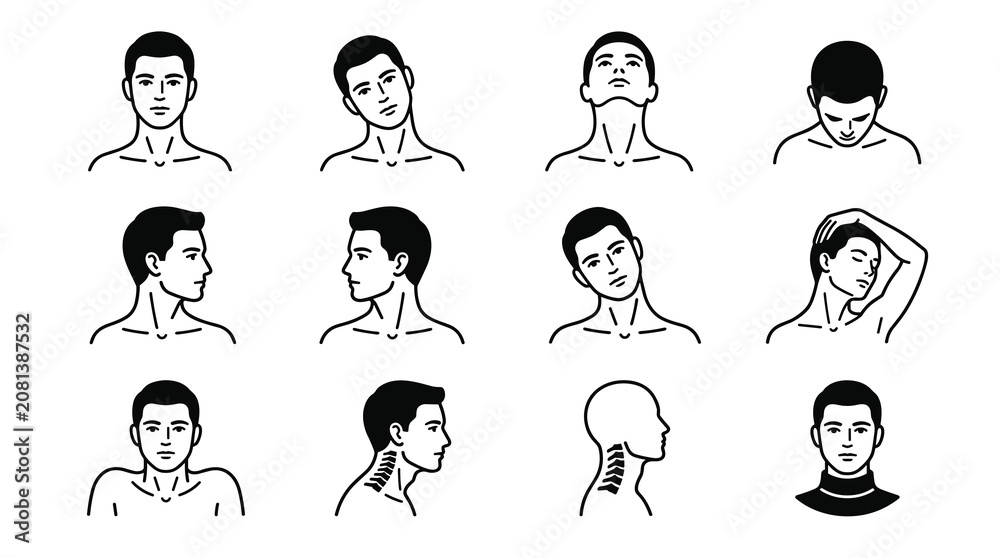 Fototapeta premium Set of simple line art icons showing human head and neck movement, static poses for exercise and physiotherapy, isolated vector illustrations