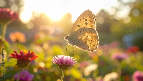 Golden hour butterfly on a colorful flower field during sunset, a close-up of a delicate insect with wings spread wide