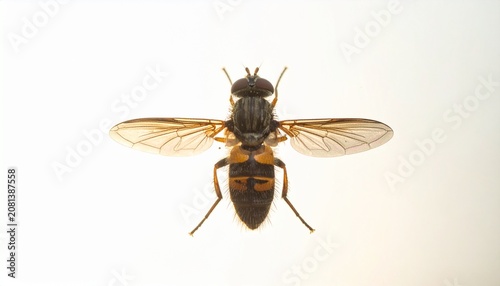 Macro photograph of a common house fly isolated on a clean white background showing anatomical details
