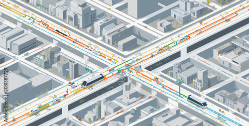 Foto Isometric view of a bustling urban intersection showcasing a multi-modal transportation network with trains, cars, buses, and pedestrians