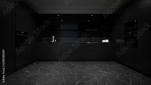 Dark Modern Kitchen with Minimal Black Cabinets and Marble Floor