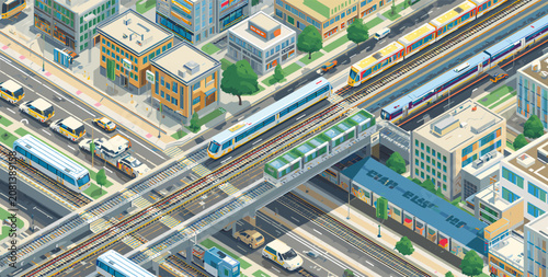 Foto Isometric view of a bustling city with multi-layered transportation infrastructure including roads, elevated trains, and ground-level railways, surrounded by urban buildings