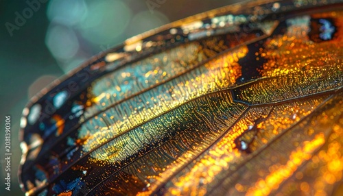 Close-up macro photograph revealing intricate iridescent patterns and textures on a butterfly's wing with dew drops