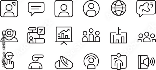 Icons represent various digital communication and networking concepts arranged in a grid for user interface design purposes, providing clear visual symbols for modern corporate messaging systems.