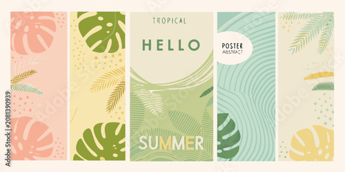 Tableau sur toile tropical leaves banners in flat design style botanical summer green pink yellow