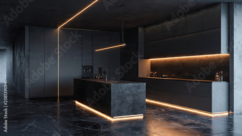Dark Modern Kitchen Island with Neon Accent Lighting