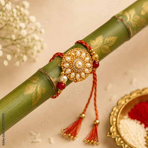 Raksha bandhan celebration gold and pearl rakhi on bamboo branch