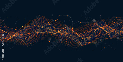 Obraz na plátně Abstract digital network visualization with interconnected lines and dots forming a complex, undulating pattern against a dark background