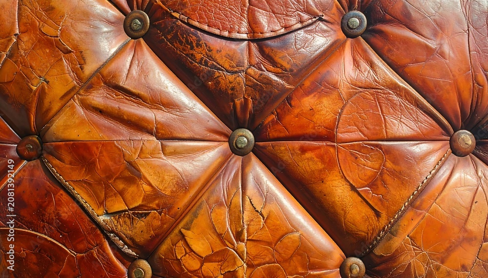 Obraz premium Close-up of a well-worn, quilted leather surface, showing diamond patterns, brass accents, and aged textures