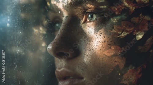 A person facing their reflection made of nature textures (water, leaves), symbolic self-connection, cinematic light, 8k detail, copy space