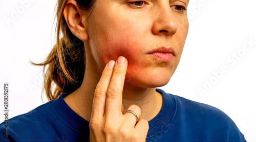 Close-up of a sad woman touching her swollen and red cheek due to intense toothache, illustrating dental abscess, gum irritation, tooth inflammation, and oral health problems.