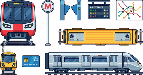 Fotografie Subway Train and Urban Transit Vector Set with Metro Locomotive Turnstile Ticket