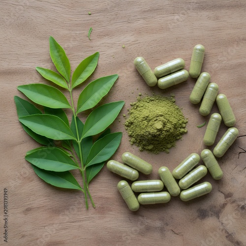 Andrographis paniculata leaves are placed on a wooden surface, next to a pile of finely ground green powder. Surrounding the powder in a curved arrangement are herbal supplement capsules.
