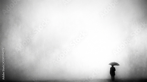 Atmospheric black and white minimalist landscape featuring a solitary anonymous silhouette standing alone holding an umbrella, completely surrounded by mysterious dense fog and bright