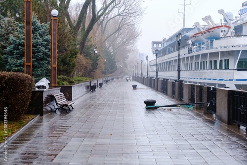 Tableau sur toile A misty morning on a paved riverside walkway, lined with bare trees, metal raili