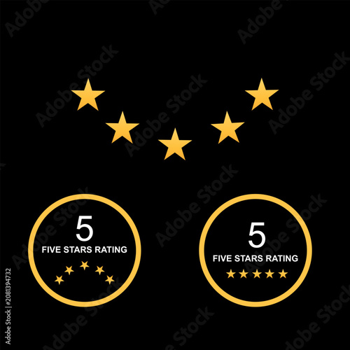 Five stars rating vector icons collection on black background, premium quality customer evaluation badges, perfect review feedback and testimonial rank design templates
