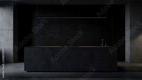 Dark Modern Kitchen Island in Minimalist Industrial Space