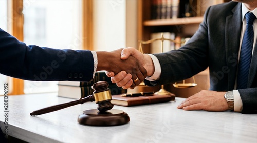 Two lawyers shaking hands over gavel in courtroom setting legal agreement and professional trust concept