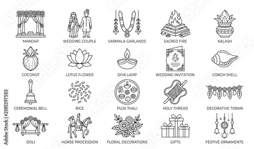 Cuadro en lienzo Indian Wedding Outline Icon Collection