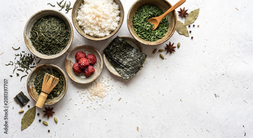 Ochazuke green tea and rice ingredients on native Washi paper, 