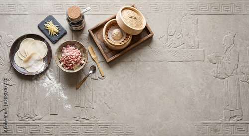 Xiaolongbao soup dumpling ingredients on Han Dynasty stone, 