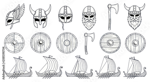 Schilderij op canvas Viking warrior gear collection with helmets shields and longships