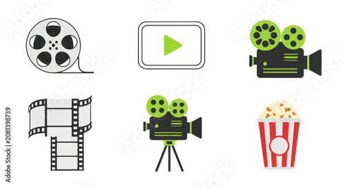 Foto Flat cinema icon set featuring movie camera film reel and popcorn