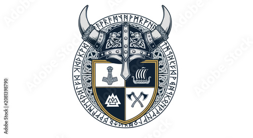 Photos Ornate norse emblem with horned helmet shield and runic circle