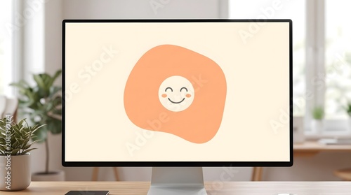 Modern geometric wallpaper with pastel blob happy icon spacious cream background minimalist Scandinavian vector aesthetic.