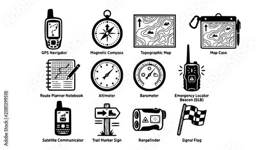 фотографія Outdoor Navigation and Wilderness Survival Gear Icon Set with GPS Compass Map Al