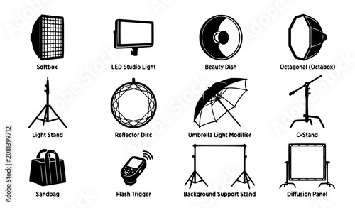 Photography Studio Lighting Equipment Icon Set with Softbox LED Light Octabox Stand Reflector and Flash Trigger Vector Symbols