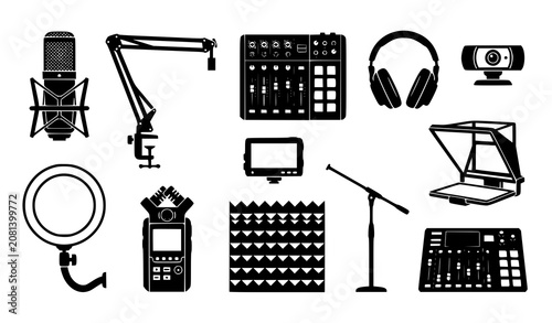 Konstfotografi Podcast and Live Streaming Equipment Icon Set with Microphone Mixer Headset Ring