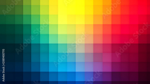 Abstract background featuring a vibrant spectrum of colorful square pixels arranged in a grid pattern.