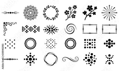 Set of black dot art design elements, decorative borders, frames, and dividers